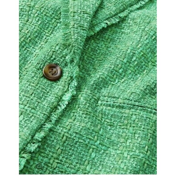 Ann Taylor Womens Kelly Green Tweed Blazer Sz 0 Fringe Career Pockets Preppy N52 - Picture 4 of 10